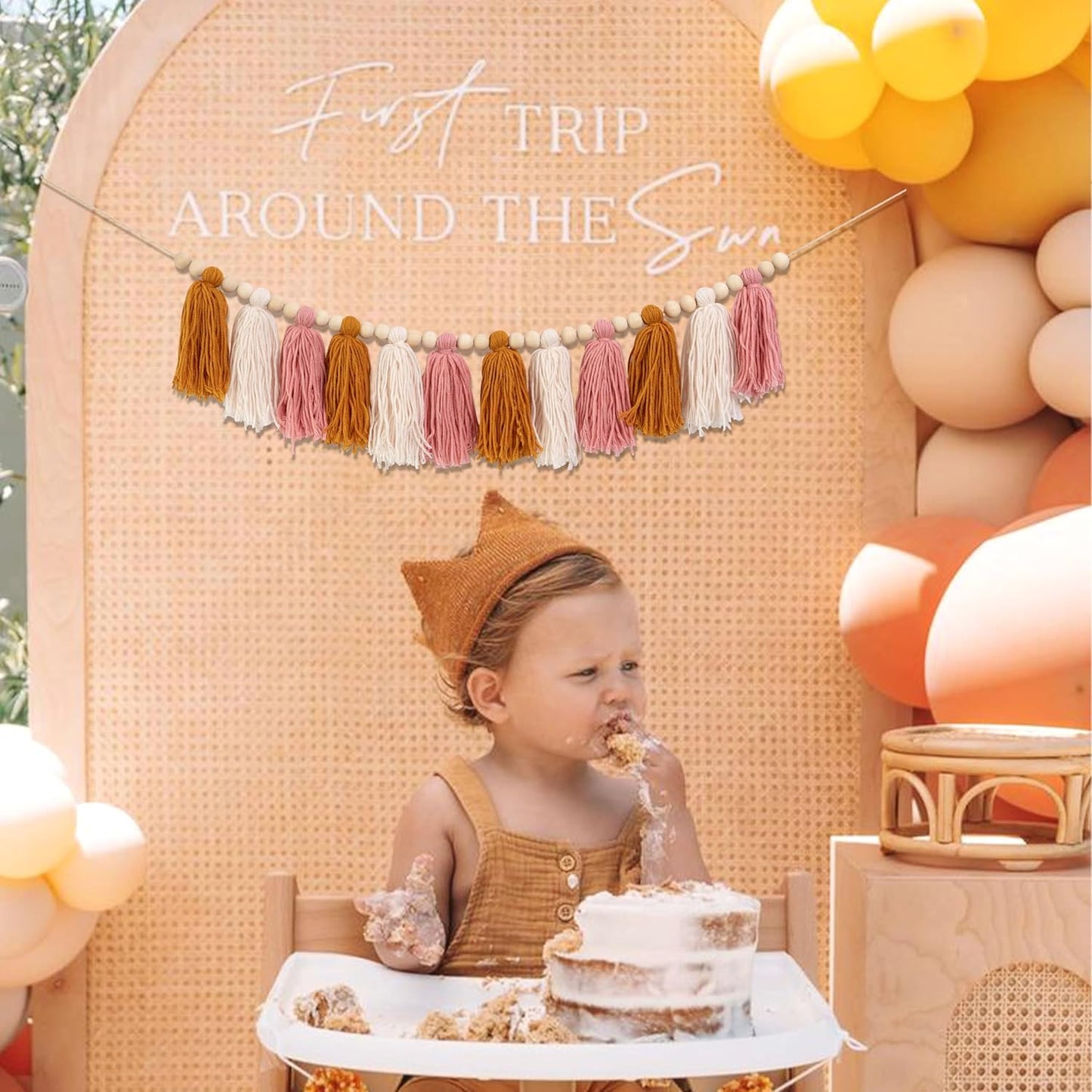 1st Boho Sun Yarn Garland High Chair Banner - You are My Sunshine Birthday Decor, Cake Smash Photo Props, Backdrop Baby