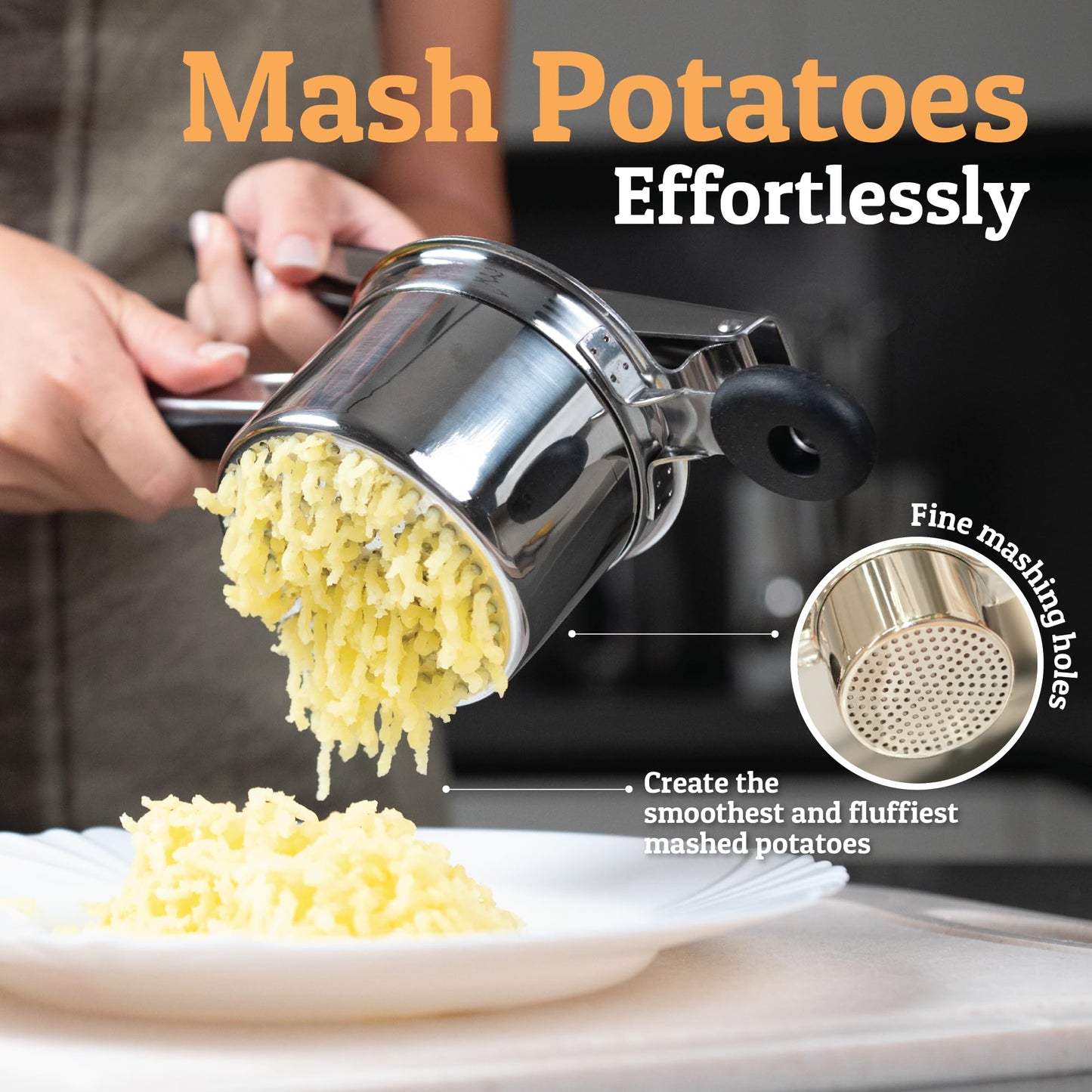 PriorityChef Large 15oz Potato Ricer With 3 Discs, Heavy Duty Stainless Steel Potato Ricer for Mashed Potatoes, Potato Masher, Press and Ricer Kitchen Tool, Black