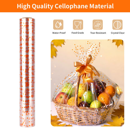 CMFYHM Clear Cellophane Wrap Roll with Orange Polka Dots | 34" x 100’ | 3 Mil Transparent Cellophane Roll,Gift Wrap Cellophane,large Cellophane Wrap Film for Autumn Thanksgiving Baskets, Gifts, Treats,Crafts, Halloween Wrapping