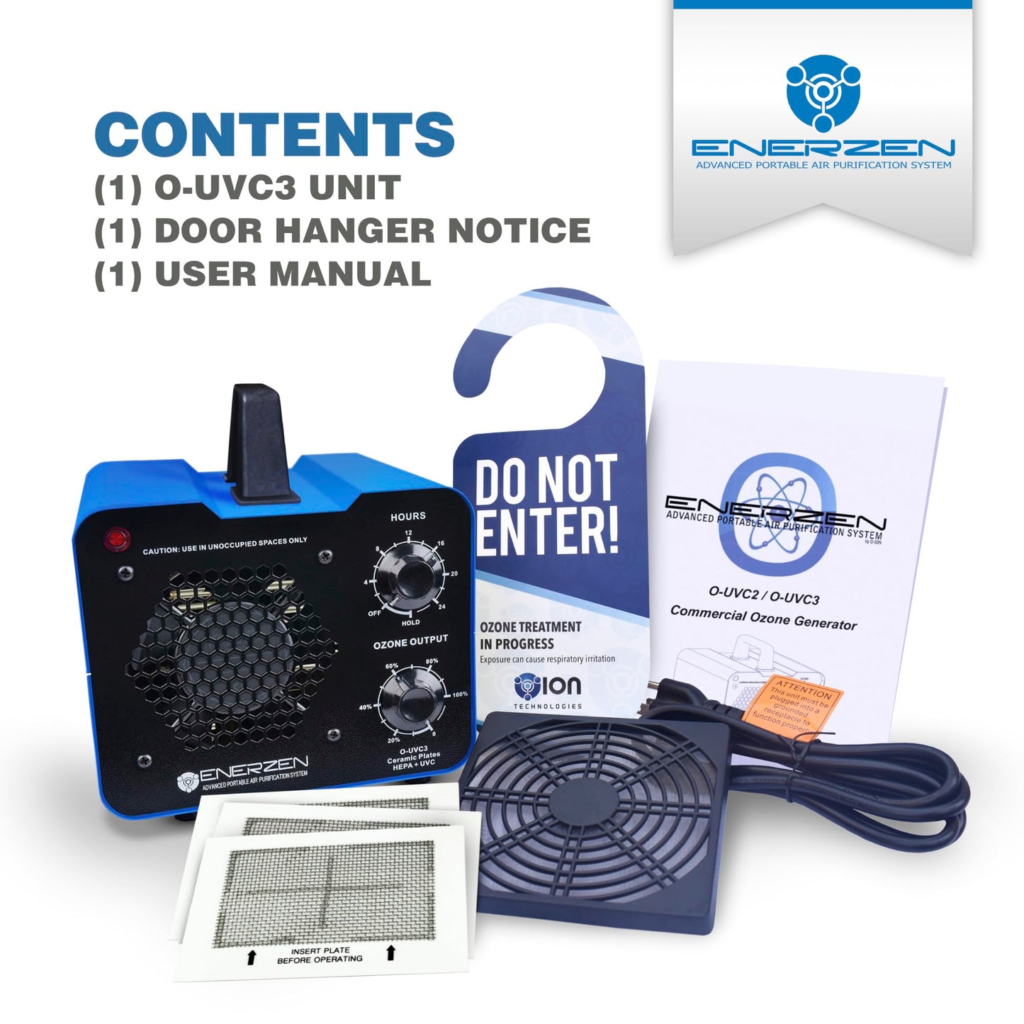 Enerzen O-UVC3 - HEPA + UV Light + 80,000 mg/h Industrial Ozone Generator for Eliminating Odors - O3 Machine Air Ionizer Deodorizer for Home, Room, Smoke, Car, Pet