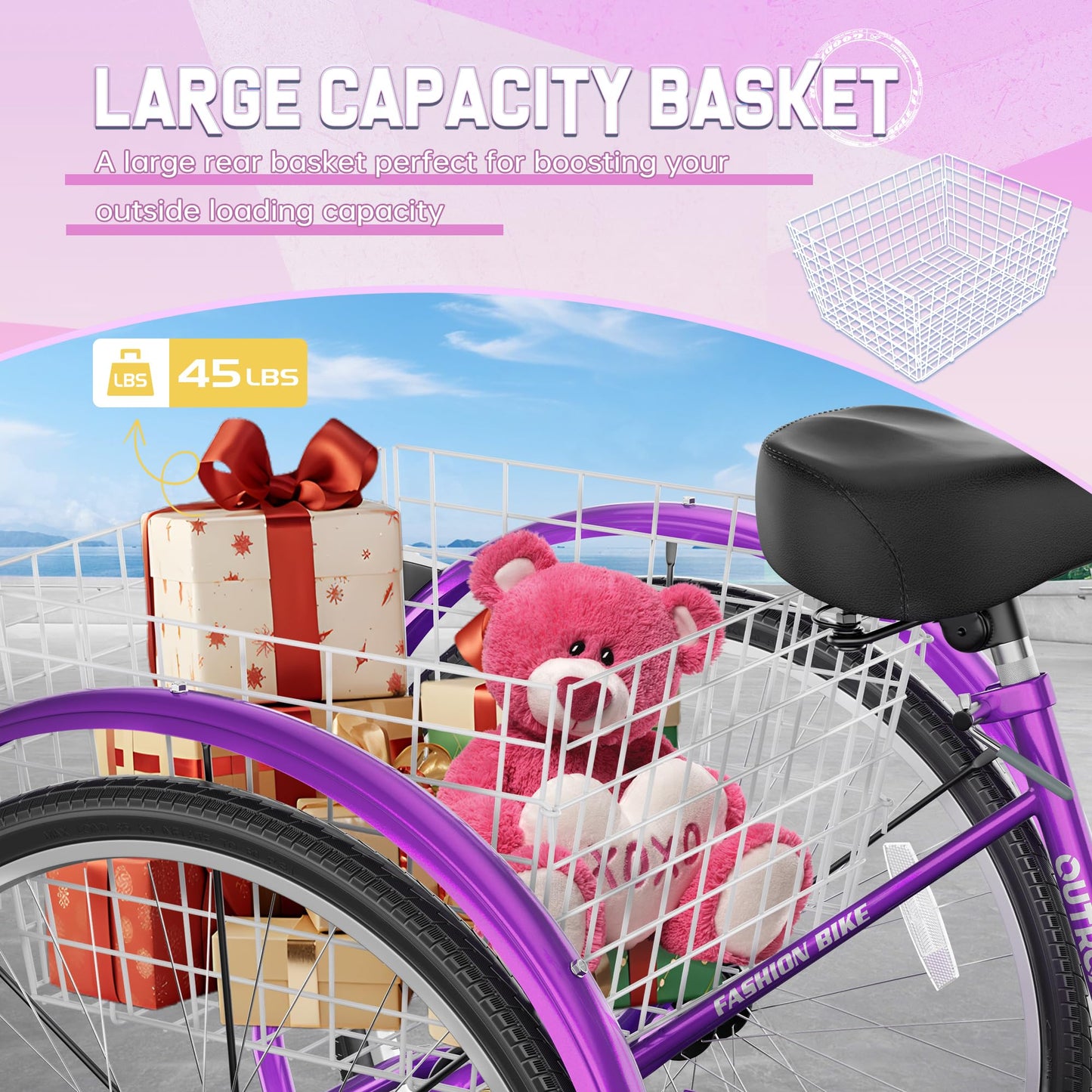 MarKnig Adult Tricycle, 24 Inch 3 Wheel Bikes with Large Basket, Cruiser Bike for Women/Men/Seniors, Adult Trike for Outdoor/Shopping/Recreation/Picnic (Purple)
