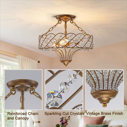 Yezgge 15.7" Vintage Semi Flush Mount Ceiling Light,Antique Gold Crystal Basket Chandelier,3-Light Rustic Metal Ceiling Light Fixture for Dining Room,Kitchen,Bedroom,Foyer,Hallway