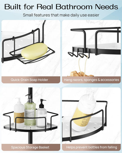 ALLZONE Corner Shower Caddy Tension Pole, 4 Hang-On Basket with Mixed-Height Shelves for Various Bottle Sizes, Extra Hooks & Soap Holder, Rustproof Stainless Steel, Fits 34–116 Inch, Silver
