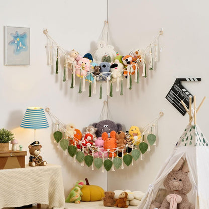 Pretty Jolly Macrame Leaf Wall Hanging Storage Hammock, 59" Boho Corner Organizer with Tassels, Stuffed Animal Plush Holder for Kids Room Nursery Decor (Avocado Green & Sage Green)