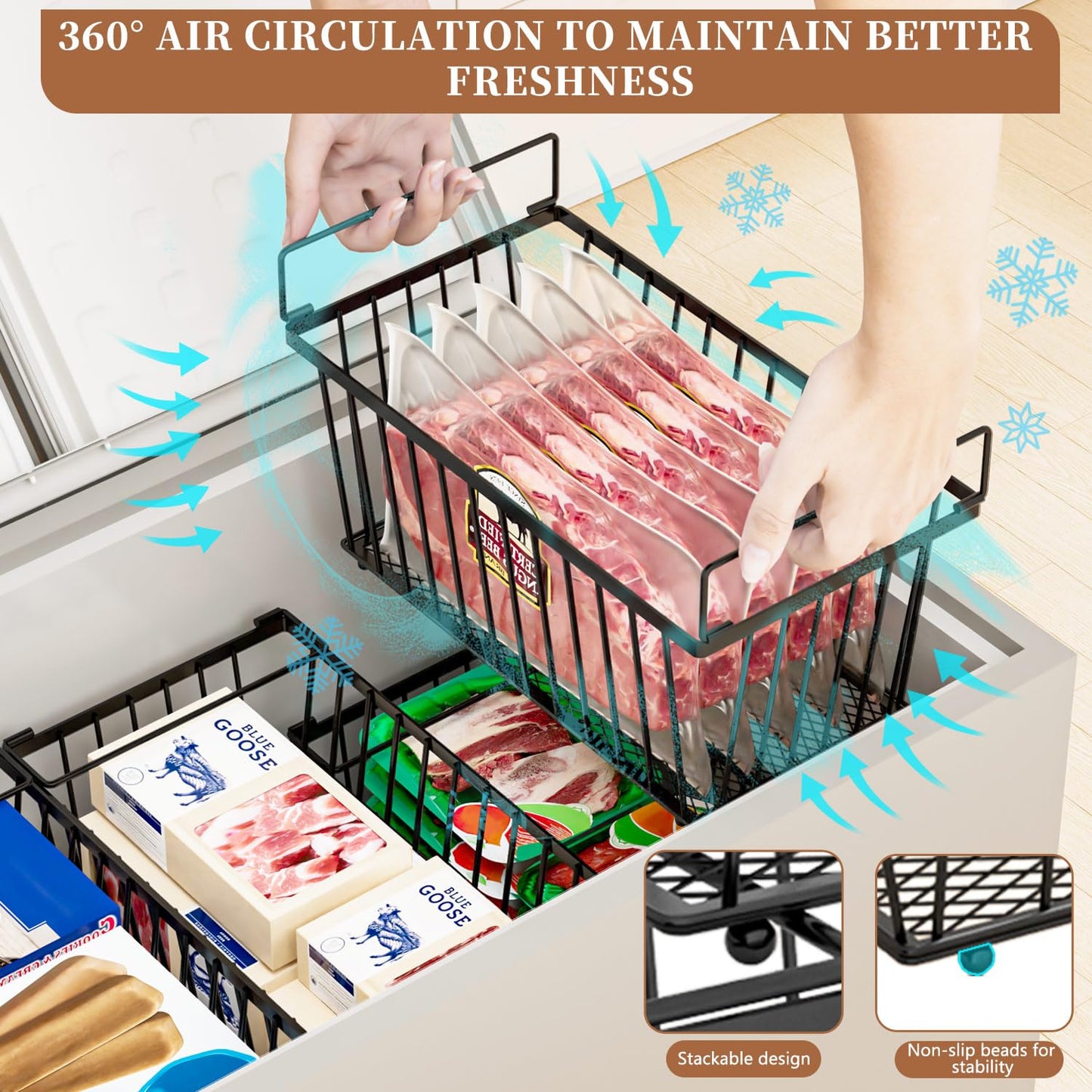ANJUBAN Enhanced Leak-Proof Bottom - Freezer Organizer Bins ，4 Pack Stackable Deep Freezer Organizer Bins for 7 Cu.FT Small Chest Freezer，organization and storage，pantry organizers(4 Pack-black)