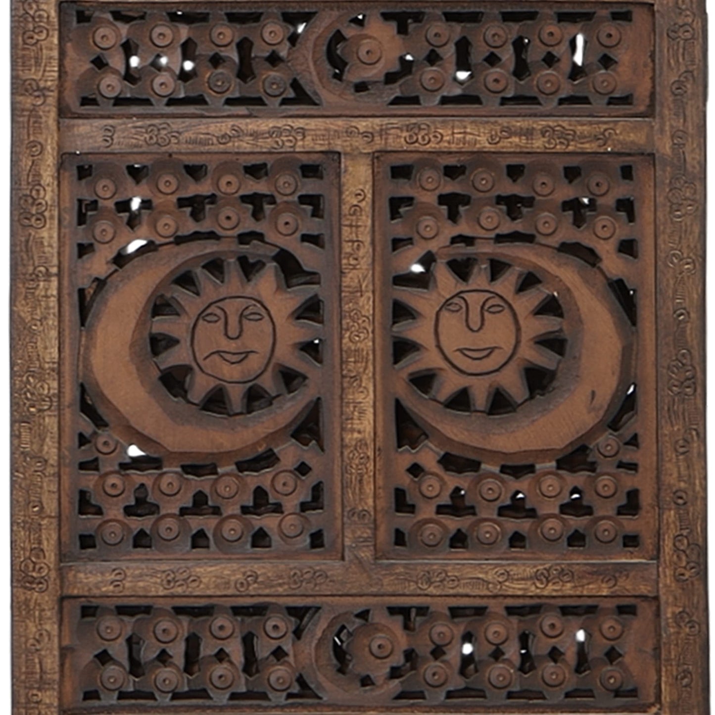 Hand Carved Sun and Moon Design Foldable 4 Panel Wooden Room Divider, Decorative Privacy Screen, Rustic Home Partition Decor