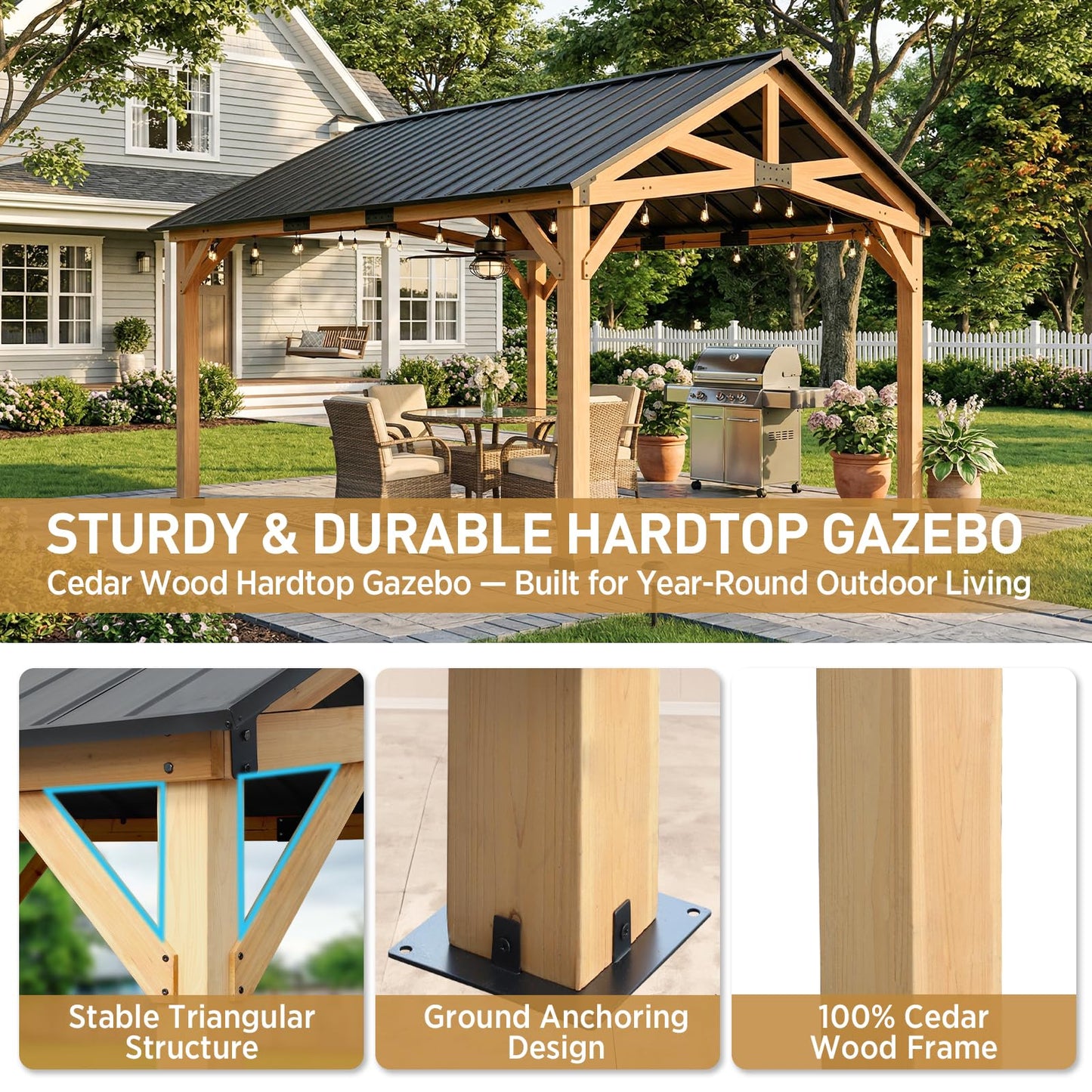 EAGLE PEAK 13x15 Hardtop Gazebo, Exposed Beam Rustic Gazebo, Galvanized Steel Gable Roof with Cedar Wood Frame, Outdoor Pavilion for Patio, Deck, Lawn and Garden Natural Wood/Black