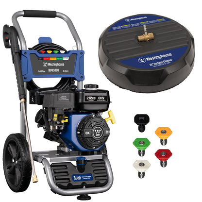 Westinghouse WPX3400SC Gas Pressure Washer with 15-inch Surface Cleaner, 3400 PSI and 2.6 Max GPM, Onboard Soap Tank, Spray Gun and Wand, 5 Nozzle Set, for Cars/Fences/Driveways/Homes/Patios/Furniture