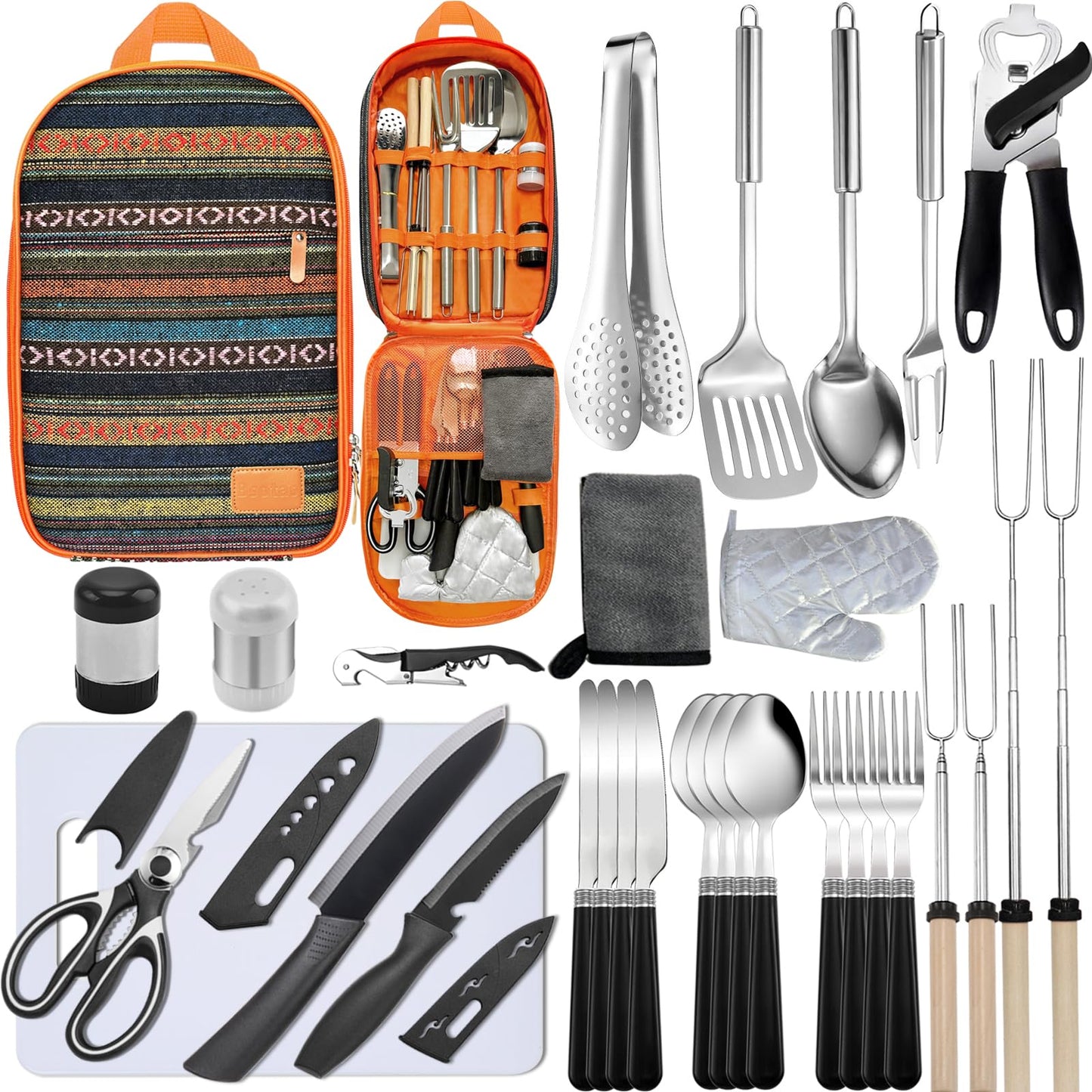Camping Cooking Set- 31 Pcs Camping Utensils Camping Essentials Camping Gear for Camp Kitchen Cooking and Grilling, Portable Outdoor Cooking Travel Set for RV Tent Camper, BBQs, Camping Accessories