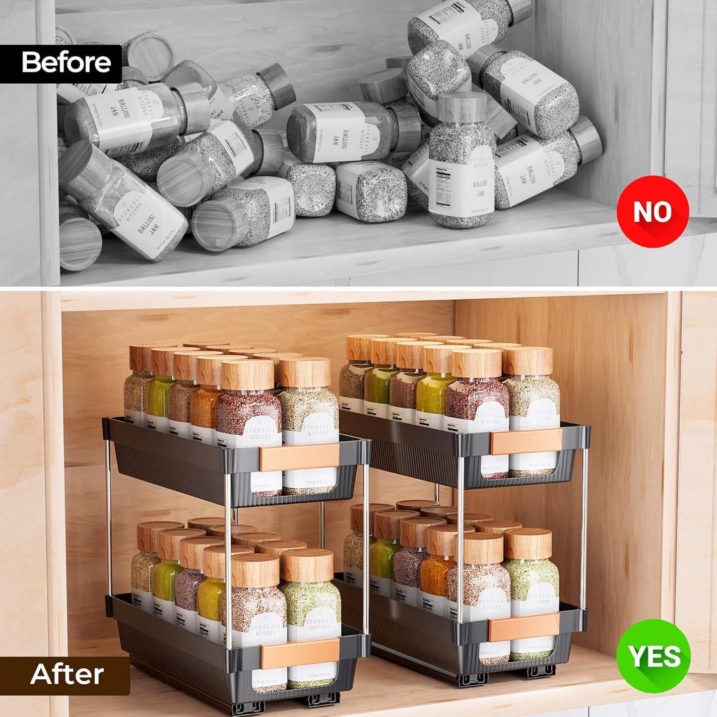 2 Pack 2 Need:12.5'' 11'' 5.5'' Delamu Pull Out Spice Rack Organizer for Cabinet, Tier Slide Out Spice Organization