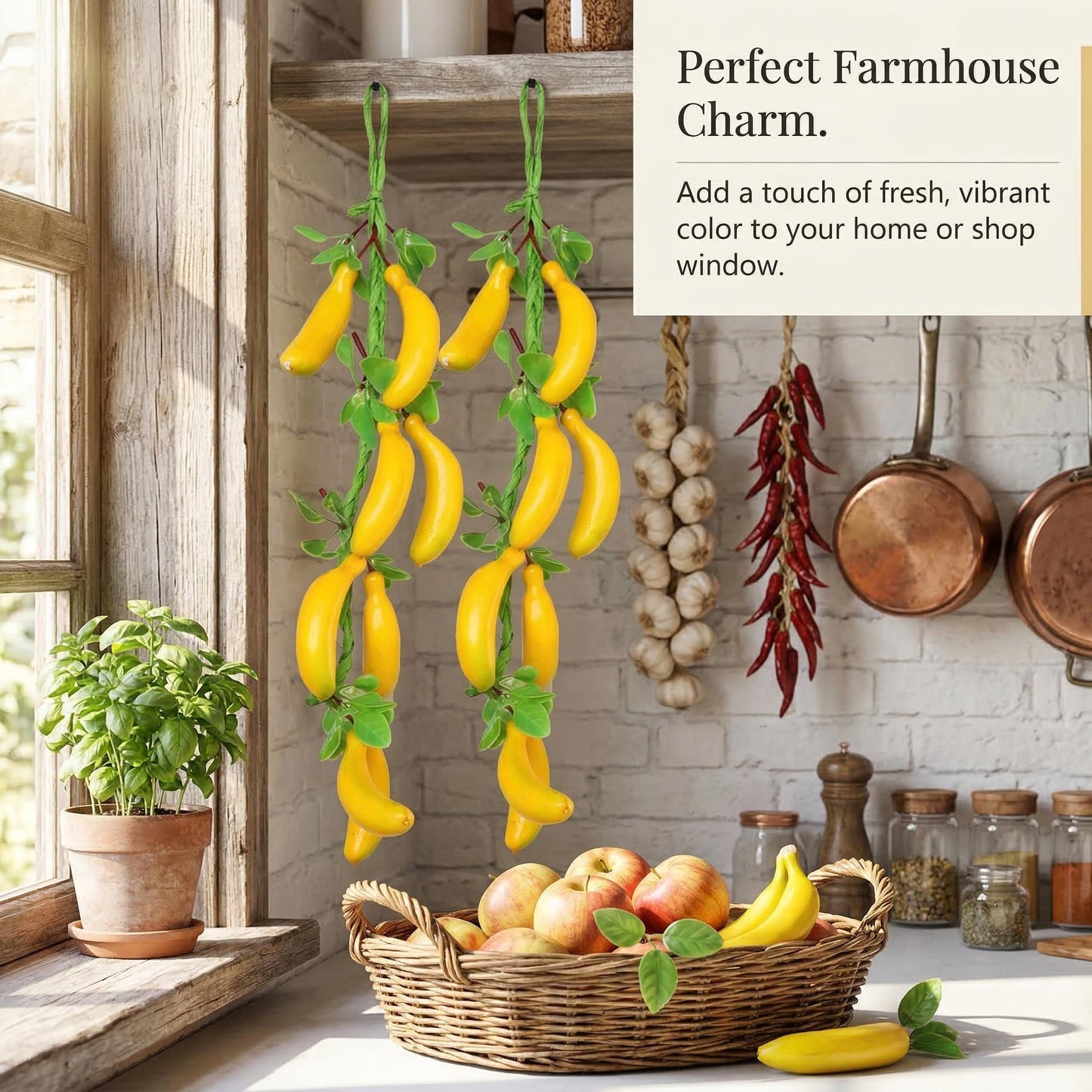 Veemoon 2pcs Artificial Small Hanging Bananas Bunch, Farmhouse Wall Fake Fruit Decoration Artificial Bananas String Lifelike Foam Tropical Fruit Ornament for Home Shop Window Display Props, 23.19"