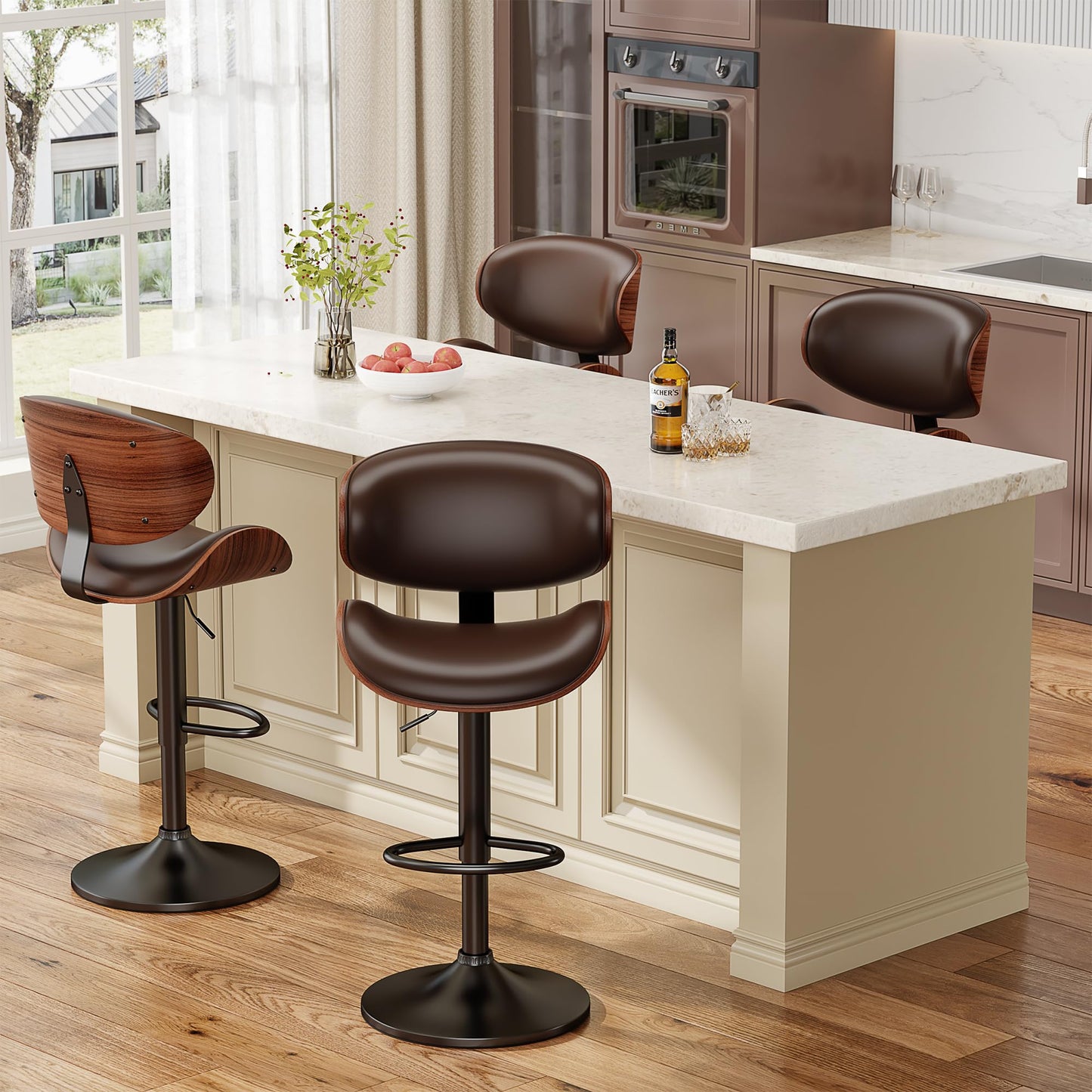 YaFiti Bar Stools Set of 3, Bentwood Adjustable Height Swivel Bar Stools, PU Leather Upholstered Bar Chair with Back and Footrest for Bar, Kitchen, Dining Room, Brown
