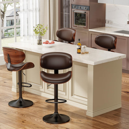 YaFiti Bar Stools Set of 3, Bentwood Adjustable Height Swivel Bar Stools, PU Leather Upholstered Bar Chair with Back and Footrest for Bar, Kitchen, Dining Room, Brown