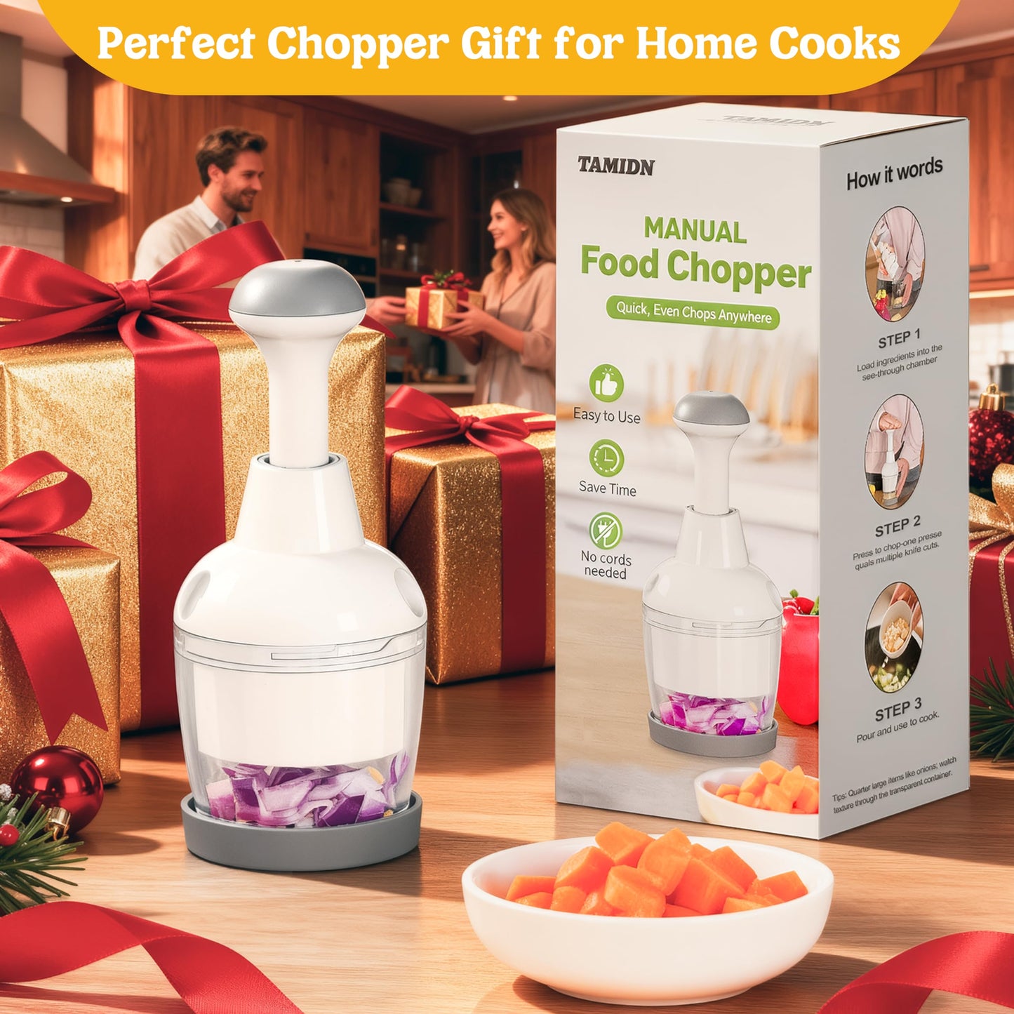 Food Chopper, Vegetable Chopper with Container, Onion Chopper Vegetable Cutter, Manual Veggie Chop Handheld Food Chopper for Garlic, Nut, Stainless Steel Blades, Dishwasher Safe, Easy to Clean, White