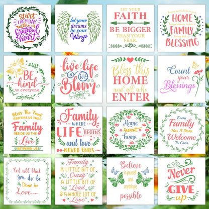 16 Pieces Inspirational Word Stencils Kit Motivational Stencil Reusable Phrase Word Template Family Sign Stencils for Painting on Wood, Porch, Front Door, Wall Home Decor(8x8Inch)
