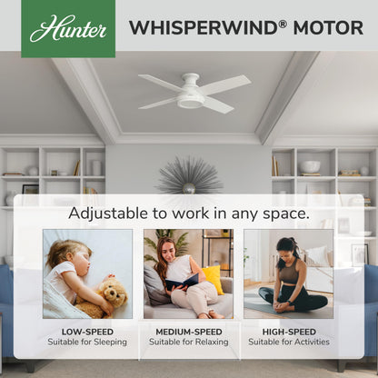 Hunter 52 inch Indoor Ceiling Fan No Light with Remote Control - White Modern Ceiling Fan without Light, Low Profile Mount, 4 Blades, For Bedroom, Living Room, or Kitchen - Dempsey 59248, Fresh White