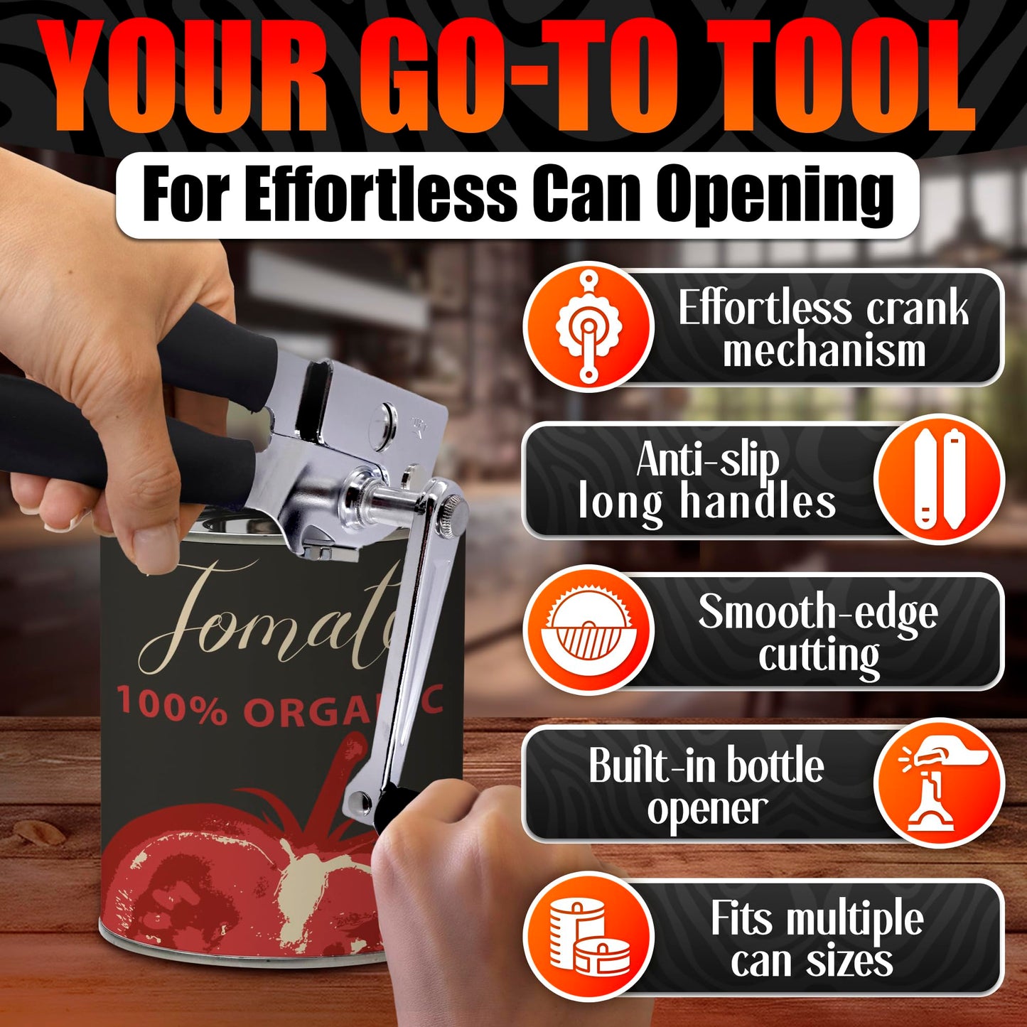Heavy Duty Commercial Can Opener – Stainless Steel Can Opener for Large & Small Cans, Manual 360° Smooth Crank with Ergonomic Long Handles, Non-Slip Grip, 2-in-1 Bottle Opener for Restaurants & Home