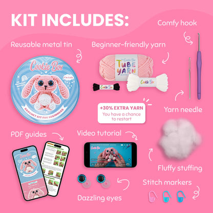 Cookie Box Original Crochet Kit for Beginners – Gift Set to Make Bunny Lola Amigurumi Plushie – Easy DIY Crochet & Knitting Starter Kit with Video and PDF Tutorials