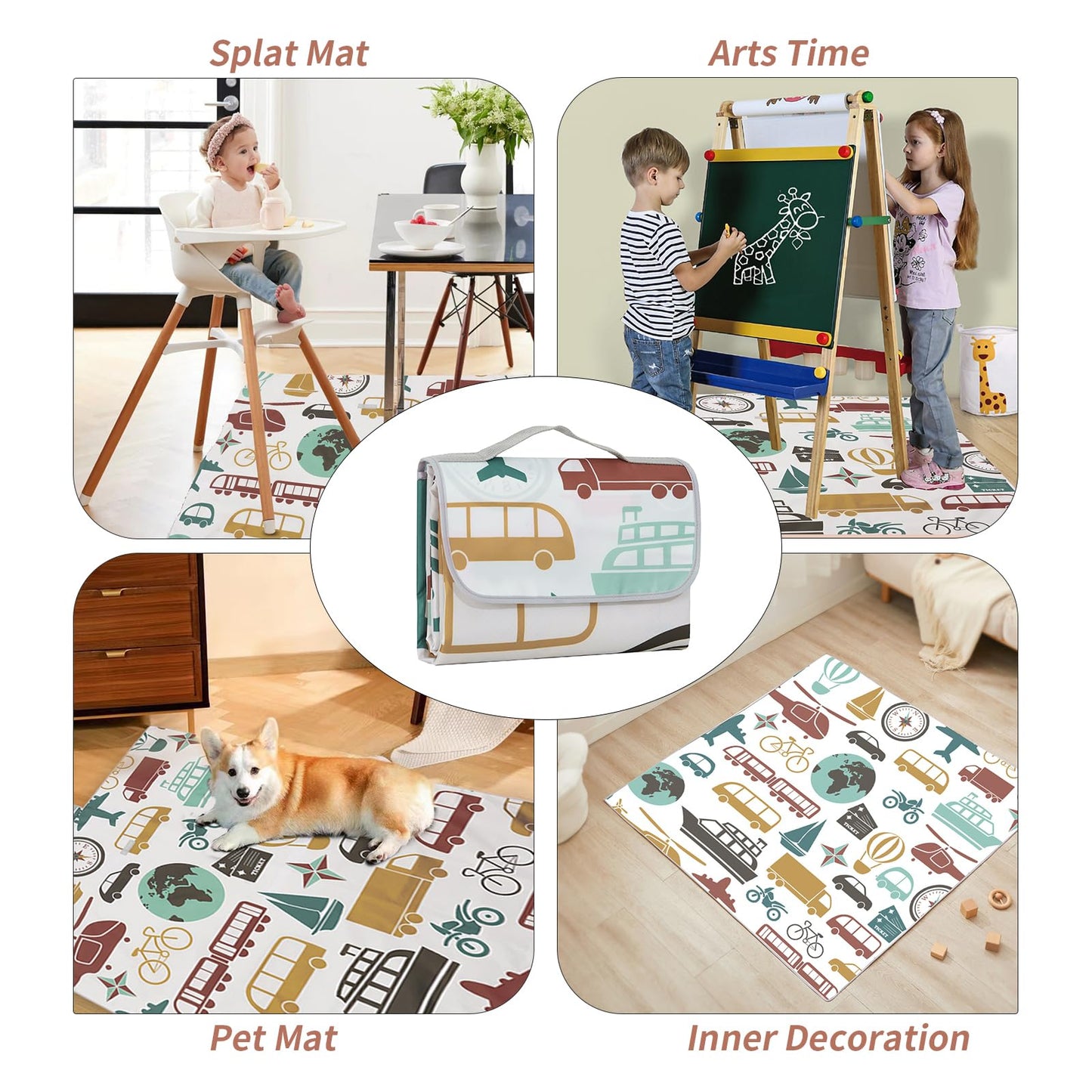 Insular Baby Splat Mat for Under High Chair/Arts/Crafts, Anti Slip and Waterproof Splash Mat for Floor, Portable Picnic Mat, 51x51 Inch, Vehicle