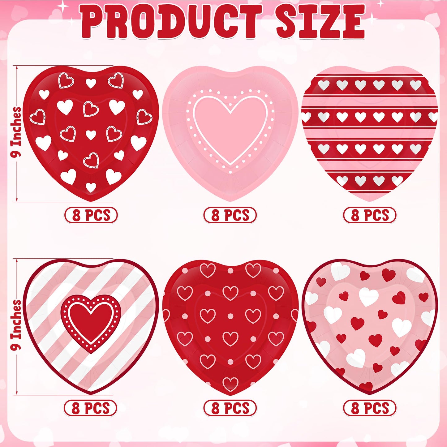 QZYL 48 PCS Valentines Plates, 9 IN Disposable Heart Shaped Plates, Red Pink Heart Design Heart Plates Valentines Paper Plate, Pink Dinnerware VD Party Supplies Wedding Table Decor