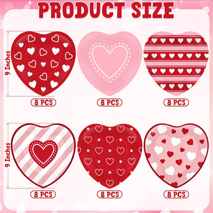 QZYL 48 PCS Valentines Plates, 9 IN Disposable Heart Shaped Plates, Red Pink Heart Design Heart Plates Valentines Paper Plate, Pink Dinnerware VD Party Supplies Wedding Table Decor