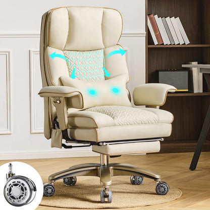 Furnistyle Leather Office Chair with Footrest, High-Back Executive Office Chair with Adjustable Lumbar Support, Luxury Desk Chair with Silent Wheels Rocking 360° Swivel, Height Adjustment,Beige