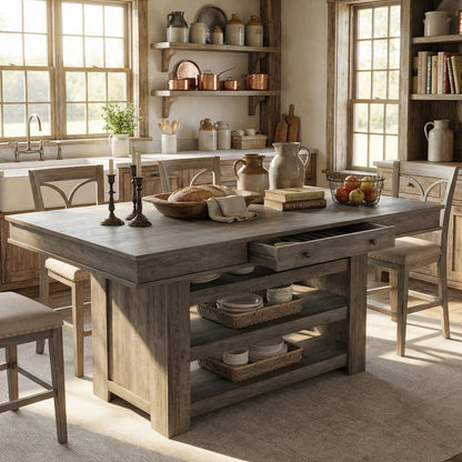 GAOMON 60" Counter Height Dining Table for 4, Farmhouse Rectangular Bar Height Kitchen Table & Thick Table Top, with Deepened Wine Rack & Shelves for Kitchen, Bar,Retro Gray