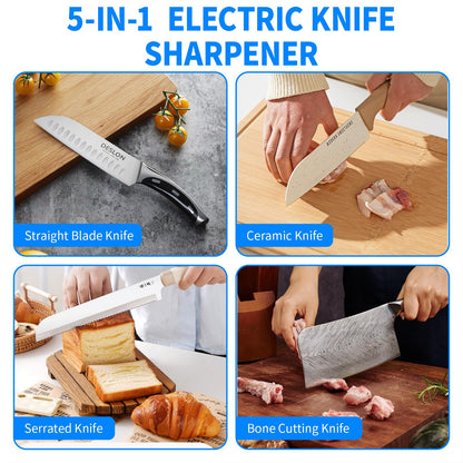 Professional 5-in-1 Electric Knife Sharpener with LCD Display,Scissor Sharpener with 3-Speed & 100% Diamond Abrasives - Precision Angle Guides for Straight, Serrated, Cleaver & Kitchen Scissors
