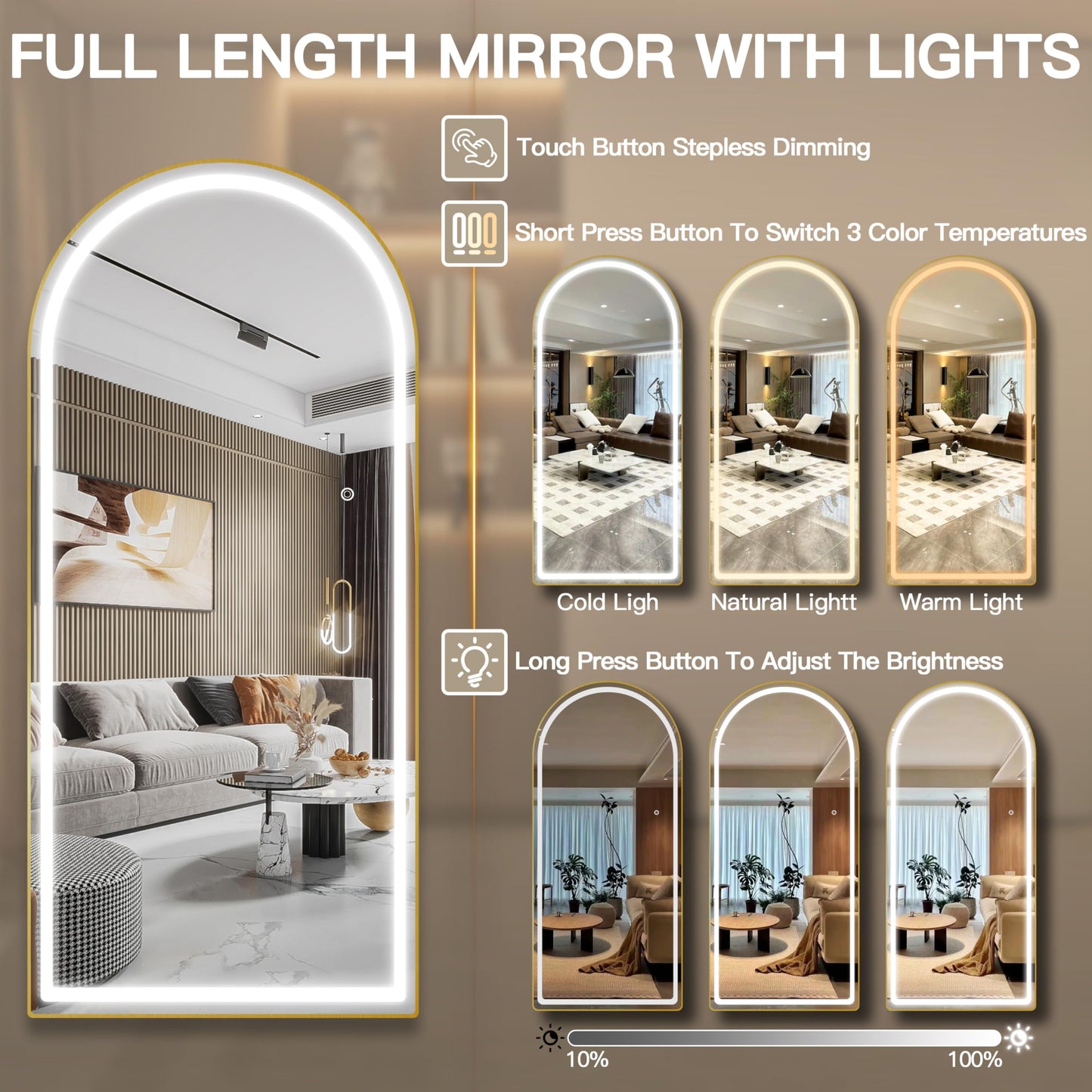 FENNIO 70" x 32" LED Full Body Mirror, Arched Wall Mounted Hanging Mirror with Lights for Bedroom, Salon, 3 Color Lighting, Tempered Glass, Brushed Aluminum Frame