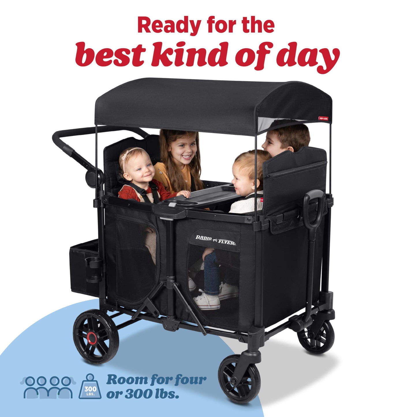 Radio Flyer Voya 2.0 XT 4-Seat Stroller Wagon, for Kids 6+ Months, Lightweight, Compact, Foldable, UV Canopy, Included Storage, Raised Folding Seats, Zippered Doors, Stroller Wagon for Kids
