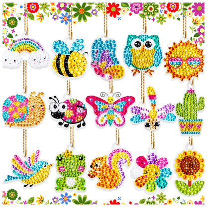FFNIU Diamond Art for Kids, 15 Pack Diamond Art Painting Keychains, DIY Gem 5D Painting Arts and Crafts for Boys Girls Ages 6-8-12 (Garden Animals)