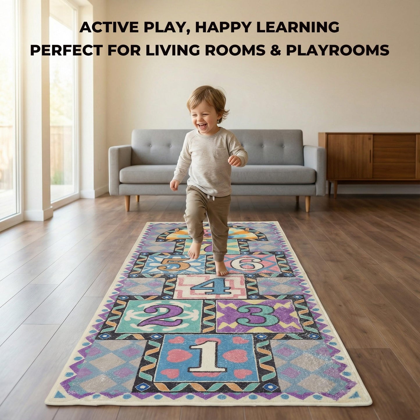 saihe Hopscotch Rug for Kids – Ultra Soft Faux Cashmere Play Mat (59"x26") – Educational Activity Rug with Non-Slip & Washable Design, 2 Bean Bags & Oxford Storage Bag for Nursery, Home & Classroom