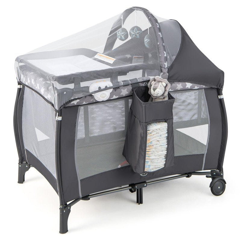 BABY JOY 4 in 1 Pack and Play, Portable Baby Playard with Bassinet, Adjustable Canopy, Changing Table, Lockable Wheels, Glowing Music Box, Travel Baby Crib Bassinet Bed from Newborn to Toddler
