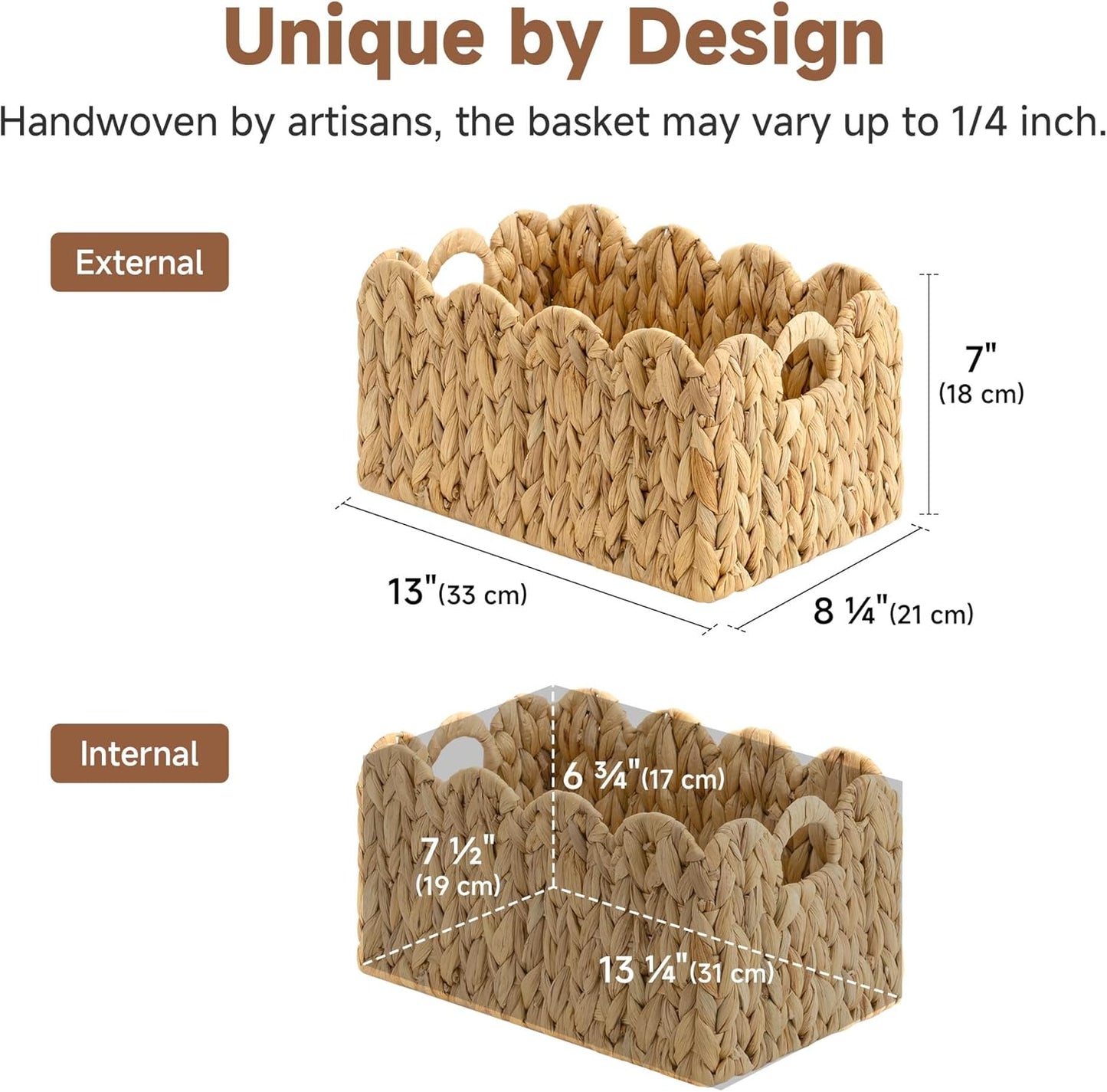 13"L 8"W 7"H StorageWorks Scalloped Water Hyacinth Baskets, Hand-woven Rattan Baskets with Built-in Handles, Cute Baby