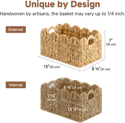 13"L 8"W 7"H StorageWorks Scalloped Water Hyacinth Baskets, Hand-woven Rattan Baskets with Built-in Handles, Cute Baby