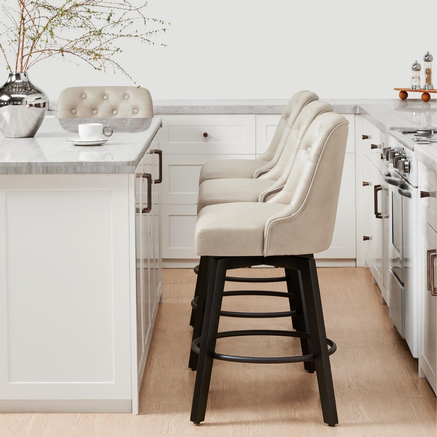 KISLOT Swivel Counter Height Bar Stools Set of 4, 26" Upholstered Faux Leather Barstools with Back,Thick Seat and Square Solid Wood Legs for Kitchen Island Home Bar, Beige
