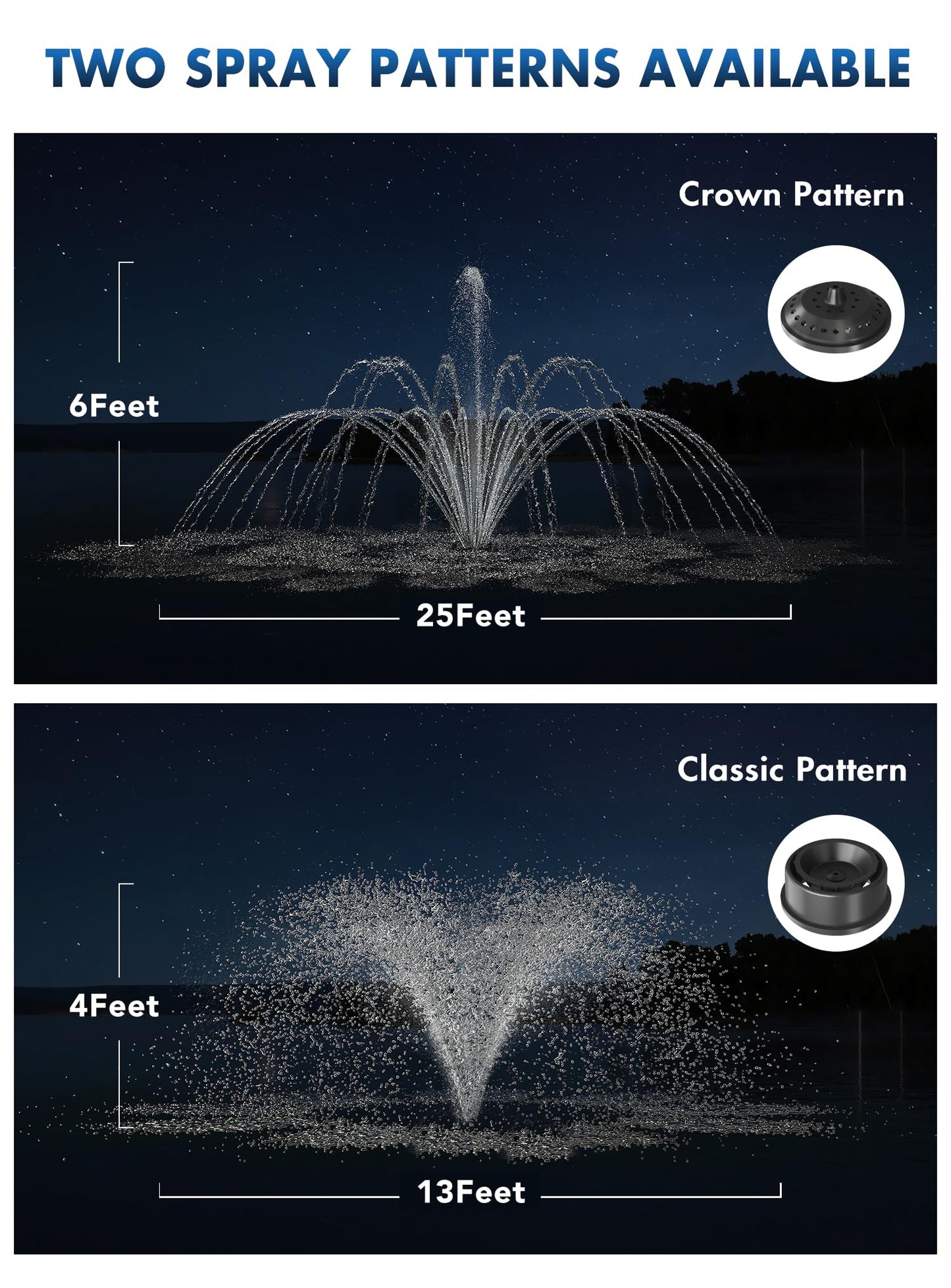 FS02 110V, 1/2 HP, Large Pond Floating Fountain with LED RGB Lights, Oil Free Pump 9000 GPH with 100’ Cord, Two Spray Patterns Included