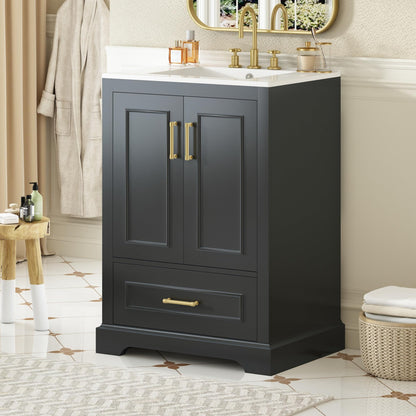 Merax 24" Bathroom Vanity with Sink & 1 Divider Drawer & 2 Soft-Close Doors (Double Shelf on Door), MDF and Solid Wood Frame, Freestanding Vanity Cabinet (Black)