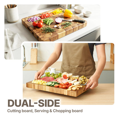 Koppen Acacia Wood End Grain Cutting Board, Knife-Friendly Butcher Block with Juice Groove, Inner Handles & Food Well, Reversible Heavy-Duty Serving & Chopping Board, Gift Box Included, 17x13x1.5 in