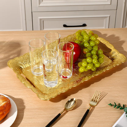LemonRoad 6 Packs Plastic Gold Serving Trays with Handles 17 x 11 inch Retro 3D Embossed Rectangle Reusable Party Snack Decorative Serving Trays for Tea Coffee Fruit Dessert