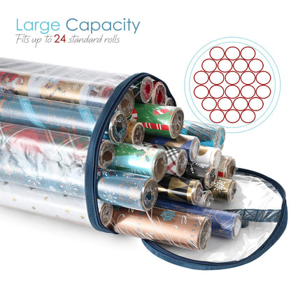 Hearth & Harbor Wrapping Paper Storage Container - Clear Wrapping Paper Holder Fits Up To 14 Rolls of 40" - Tear Proof Gift Wrap Organizer - Premium Bag for Easy Carrying, Blue
