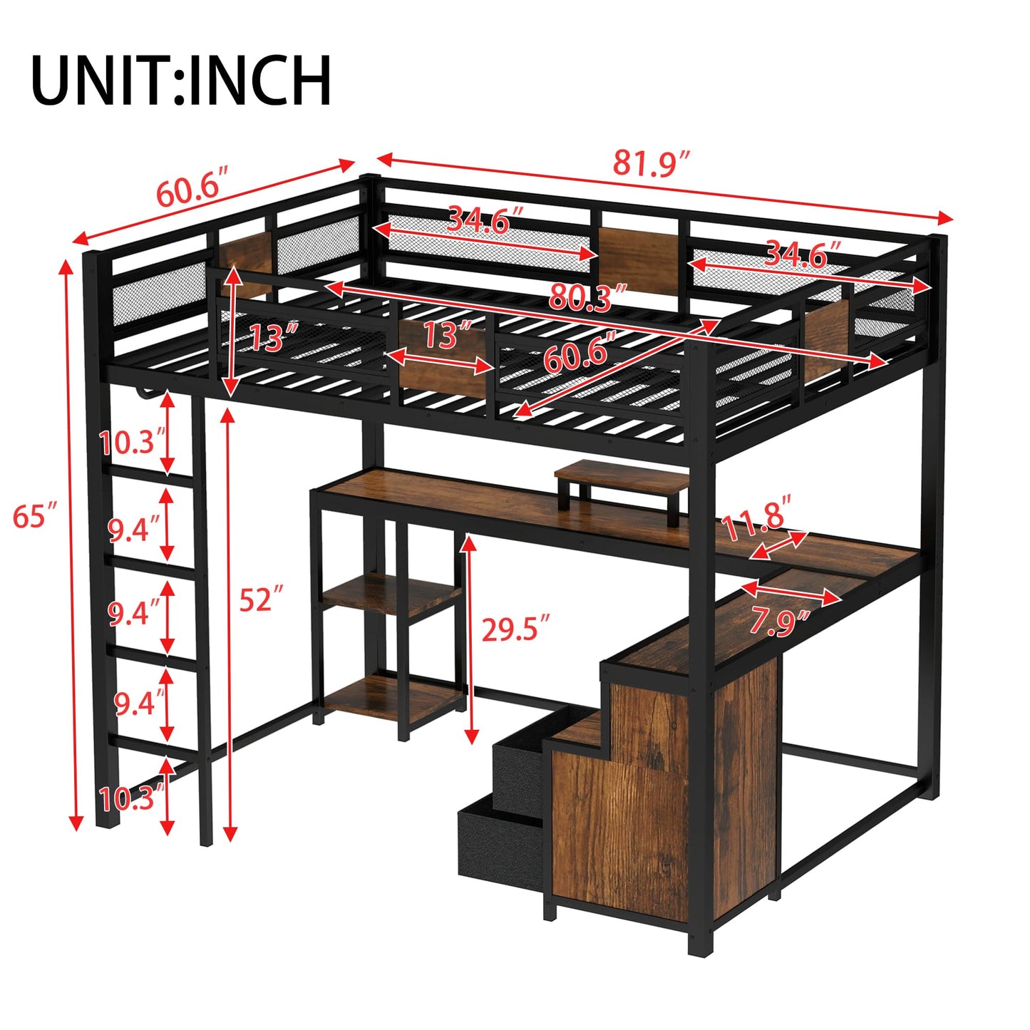 Bellemave Queen Loft Bed with Desk and Fabric Drawer, Metal Queen Loft Bed Frame with guardrail and Ladder for Adults, Kids, Teens, Black