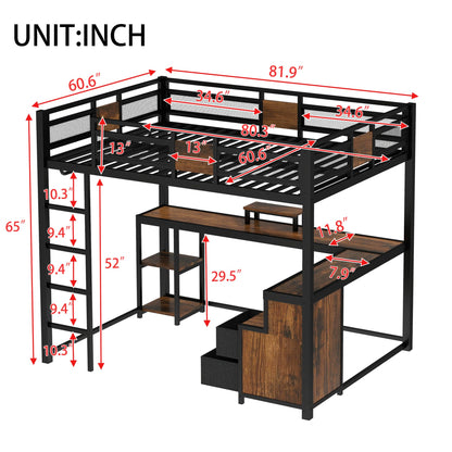Bellemave Queen Loft Bed with Desk and Fabric Drawer, Metal Queen Loft Bed Frame with guardrail and Ladder for Adults, Kids, Teens, Black