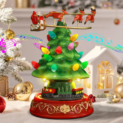 Musical Christmas Tree Decor - Rotating Train & Santa Elk Figurines with LED Lights | Festive Home Tabletop Decoration