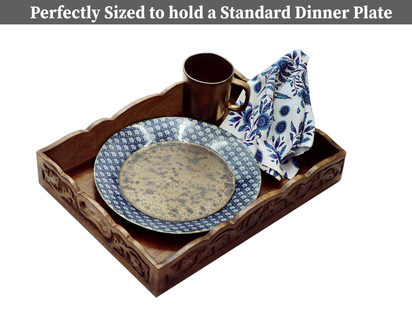 Hand Carved Wooden Serving Tray - Decorative Breakfast Tray with Handles - Rustic Wooden Food Tray with Intricate Detail - Unique Furnishing Accent - Natural Finish - 17 x 13 x 2.5 Inch - COTTON CRAFT