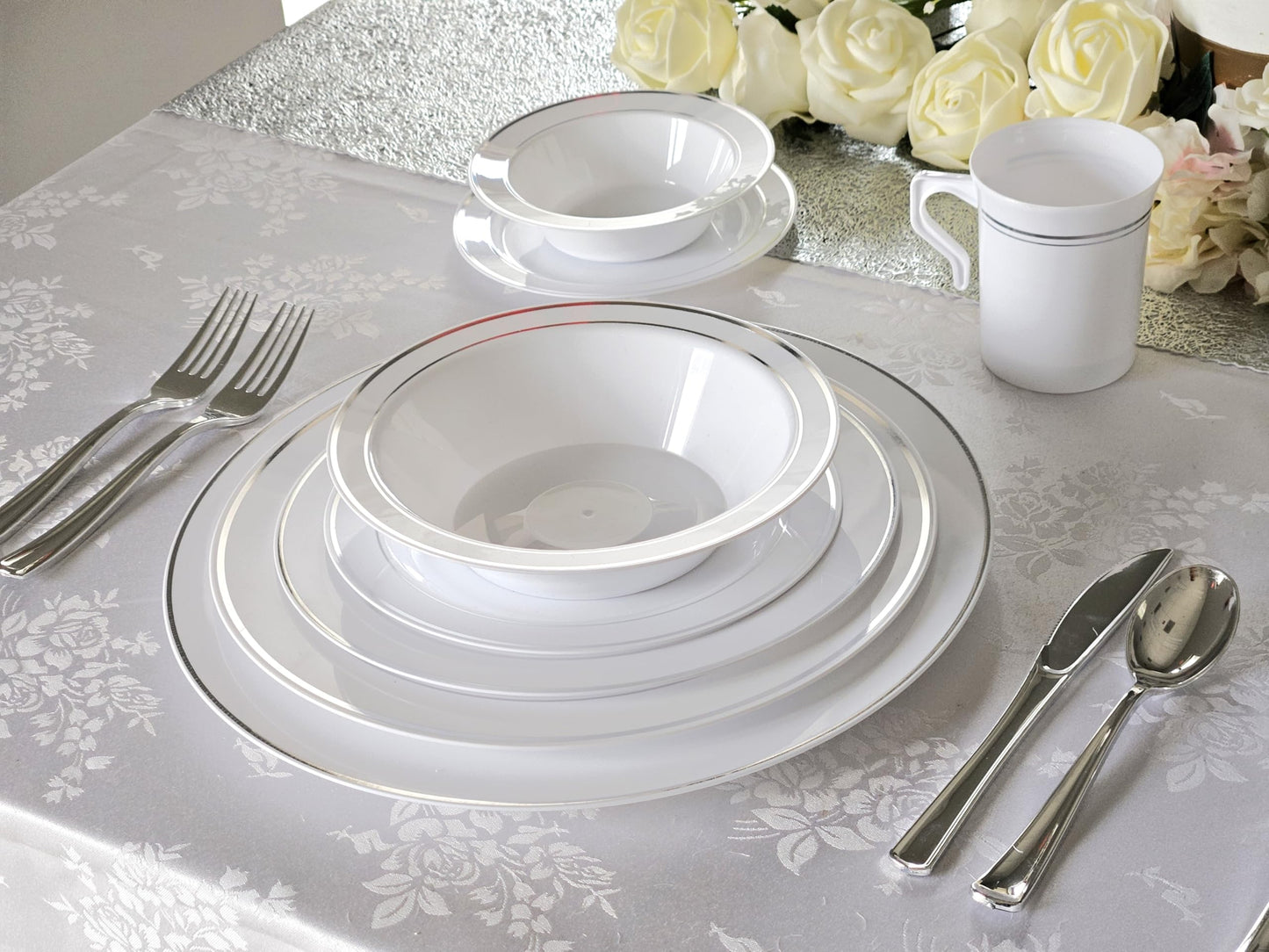 OCCASIONS 40 Piece Disposable Plastic Charger Plates 12 Inch Heavyweight Chargers for Dinner Plates, Wedding, Party, Bulk Table Setting – Premium White & Silver Rim Collection