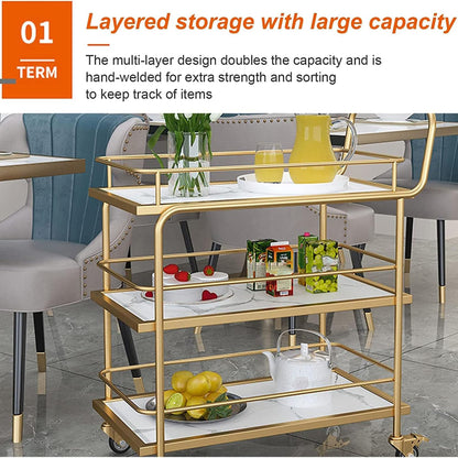 3-Tier Bar Cart with Wheels, Gold Metal Frame with Marble Pattern Shelves, Rolling Serving Trolley with Lockable Casters, Kitchen Living Room Storage Cart, 27x15x34 Inches
