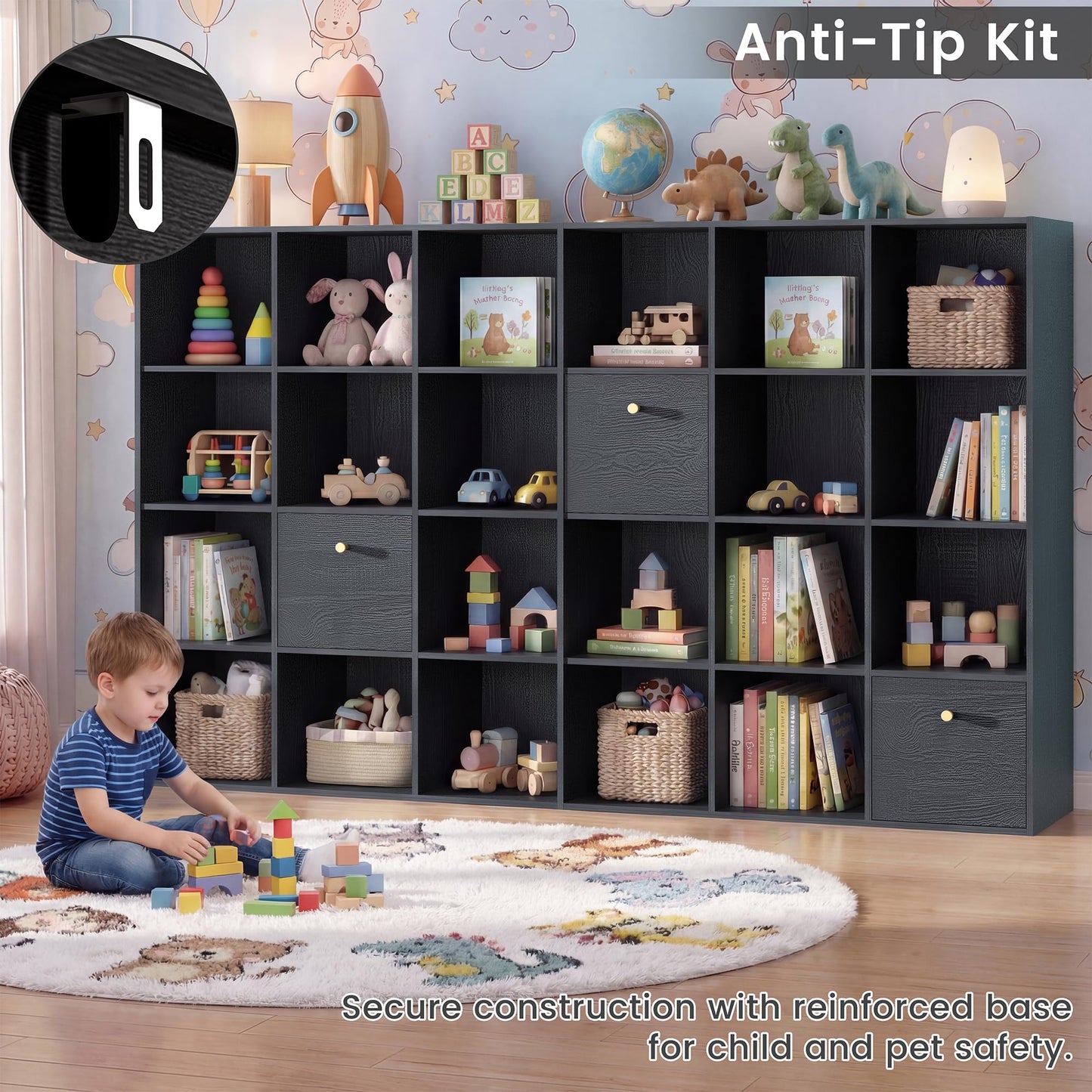 Modern Cube Storage Organizer, 24 Open Shelves Bookcase with 3 Storage Bins, Black Book Case with Wood Grain, Freestanding Shelf for Bedroom, Living Room, Home Office, Library, Wooden Large Book Shelf