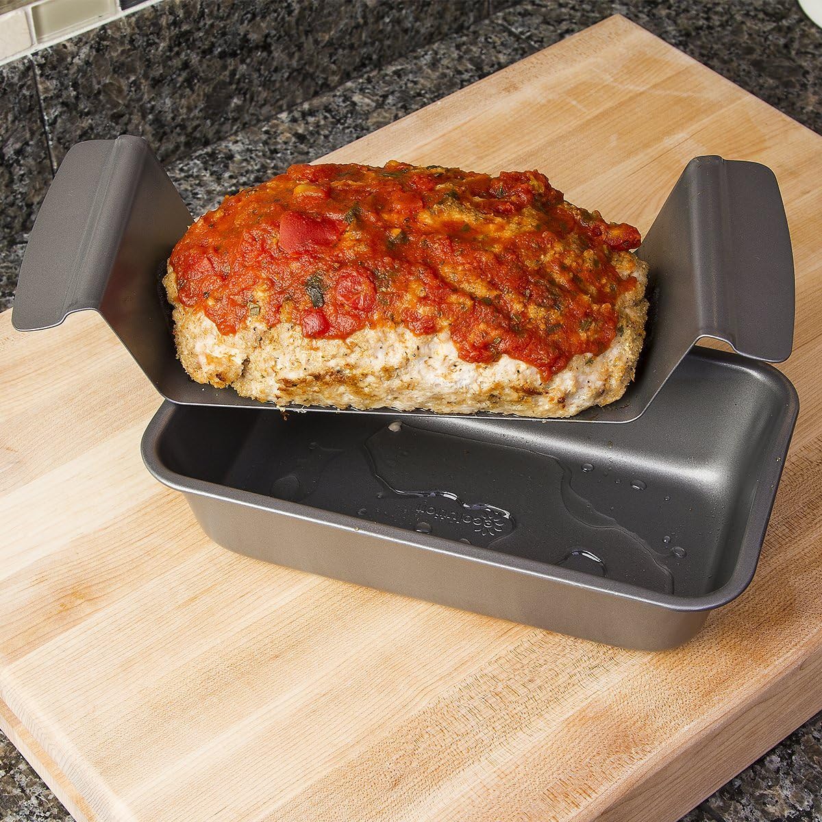 Healthy Meat Loaf Pan Set Ecolution Bakeins – Loaf Pan and Perforated Tray – Heavy Duty Carbon Steel – Gray – 9” x