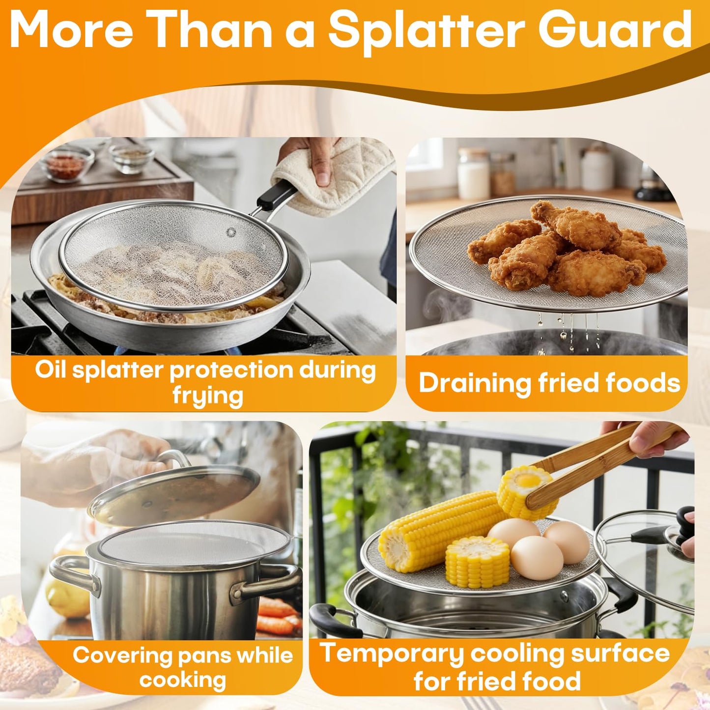 8 Inch Splatter Screen for Frying Pan, Stainless Steel Grease Splatter Guard with Fine Mesh and Heat-Resistant Handle, Kitchen Oil Splash Guard for Cooking and Frying